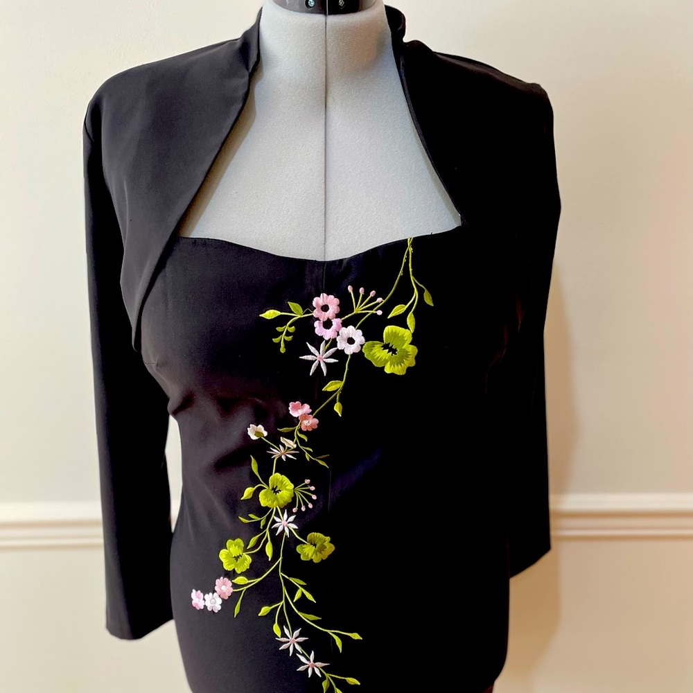 Size 10 black spaghetti strap dress with embroidery detail and separate jacket